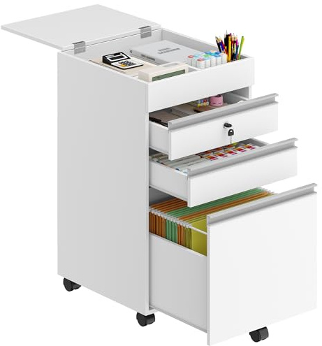 Hzuaneri Rollcontainer, Aktenschrank, abschließbarer Büroschrank mit 3 Schubladen, extra stauraum Oben, Schubladenschrank für DIN A4, Letter, für Büro, Homeoffice, 40 x 40 x 70 cm Weiß FC41003XV1