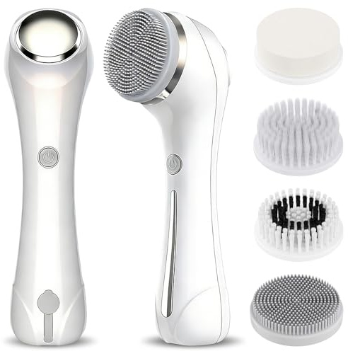 Spazzola Pulizia Viso Elettrica, Pengrity 3 in 1 Spazzola Viso Elettrica, con EMS e Riscaldamento, 4 Testine Intercambiabili, 2 Velocità, per Pulizia Profonda