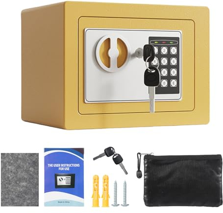 FTVOGUE Brandsäker Kassaskåp, Digital Kassaskåp i Metall med Knappsats och Reservnycklar, Dubbla Larmlås, Väggmonterad Design, 8,8 X 6,4 X 6, Tum för Hemmets sovsal. (Champagne guld)