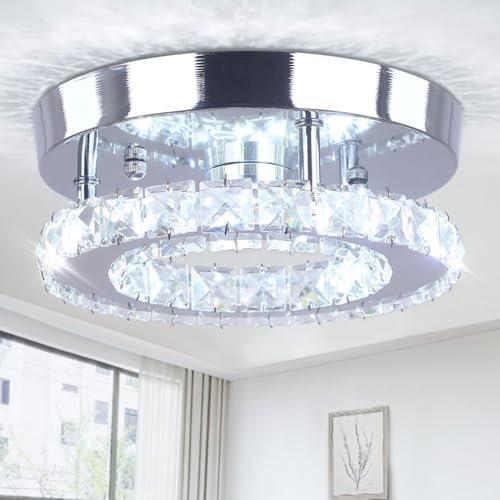 Lhome Modern Led Ceiling Light Fixture Mini Crystal Chandelier Flush Led Crystal Ceiling Light Finish Chrome Pendant Lamp for Kitchen Hallway Bedroom Dining Rooms Living Room (White Round)