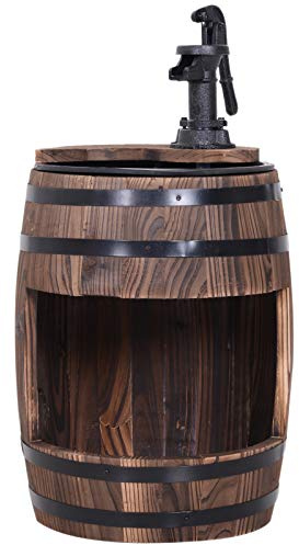 Outsunny Water Fountain Electric Pump Wood Barrel Patio Garden Decorative Ornament with Flower Planter Decor Carbonised Finish
