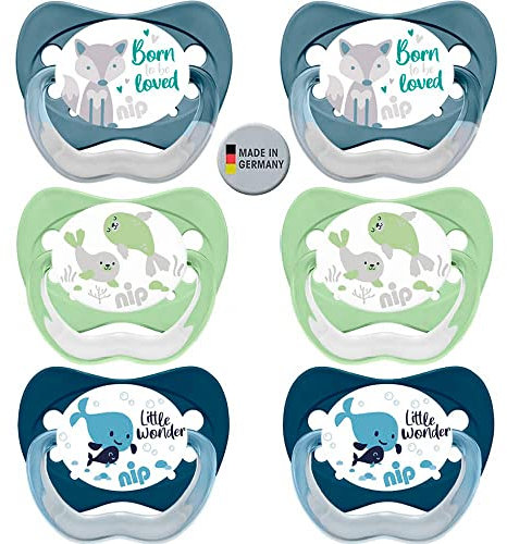 NIP Spar-Set NaturLatex Schnuller Butterfly mit Ring Größe 3 (18-32 Mo.) Latex 6er Pack Boys Latex FSC 100%, made in Germany, BPA frei