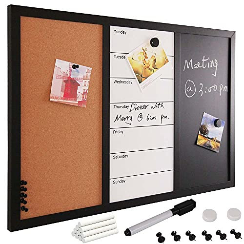 Bakaji Lavagna Magnetica Bianca e Nera con Bacheca Memo in Sughero Combinata 60x40cm Cornice Legno con Set Gessetti Pennarello Cancellabile 2 Magneti e 6 Puntine Design Moderno Casa Ufficio