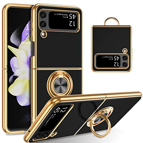 YINLAI Samsung Galaxy Z Flip 4 Case Soft Silicone TPU Slim Case with Gold Magnetic Ring Holder Shockproof Women Protective Girls Cover Case for Samsung Galaxy Z Flip 4 5G, Black