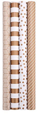 HBell Wrapping Paper Rolls,4 Rolls 44cm x 3M Gift Wrapping Paper,Birthday Wrapping Paper Roll,Striped Dot Gold Wrapping Paper for Birthday,Party, Wedding,Baby Shower,Festive Decorations (Gold)