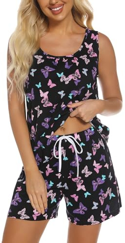 ENJOYNIGHT Pigiama corto da donna, set di pigiama estivo con camicia senza maniche e pantaloncini, abbigliamento da notte per donna, set di abbigliamento da casa in cotone, farfalla nera, L