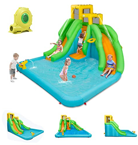 Goplus Castillo Inflable con 2 toboganes y piscina,parque acuático de tela Oxford con pared de escalada y cesta de baloncesto, zona de juegos hinchable, mejor regalo para 3 niños de 3 a 10 años, Rojo