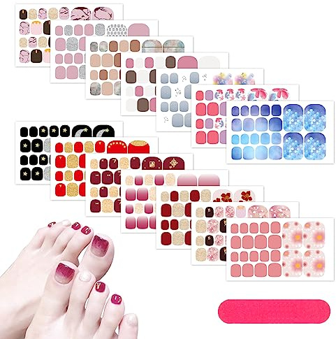 MWOOT 14 Piezas Calcomanías Autoadhesivas para Uñas de los Pies Toenail Stickers, Calcomanías Esmalte Uñas para Dedos de los Pies, Decoración Arte Uña con Lima de Uñas para Mujere,Niña,Manicura DIY