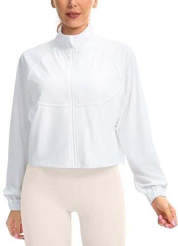 Soothfeel Women's Athletic workout Jacket Lightweight UPF 50+ Long Sleeve Sun Protection Shirts Zip Up Cropped Hiking Tops (White, L)