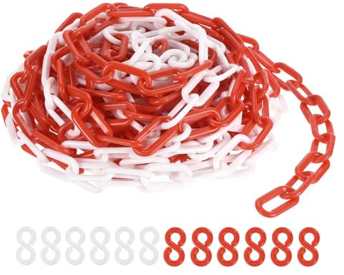PATIKIL Plastkedjor, 50 fot säkerhetskedjor, röda/vita 0,31 tum/8 mm höjd, med 6 röda krokar 6 vita krokar för barriärer