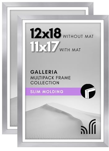 Americanflat 12 x 18 affischram med polerat plexiglas – set med 2 – använd som 11 x 17 ram med matta eller 12 x 18 ram utan matta – gallerisamling – galleriväggram set för väggvisning – silver