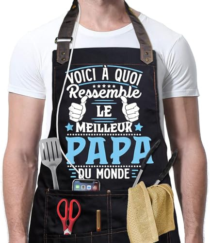 VJOLI Tablier de Cuisine Humour Tablier Barbecue Cadeaux Pères BBQ Tablier Cuisine Homme 6 Poches Taille Réglable Anti-Tâches Humoristique Familial, Restaurant, Jardin, Barbecue, Café