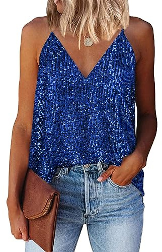 AirMood Femmes Sexy V - Neck Shiny Sequin Vest Paillettes Top Las Vegas Disco Sequin Vest, Bleu, S
