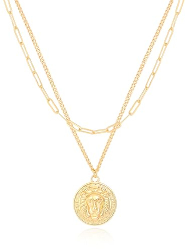 KOOUNUATA Collana con Medaglione Leone in Oro 18K Testa di Leone in 3D Catena Paper Clip Cuban Choker Set di Collane da Sovrapporre per Donne Cerchio Rotondo Disco Gioielli Statement 18”