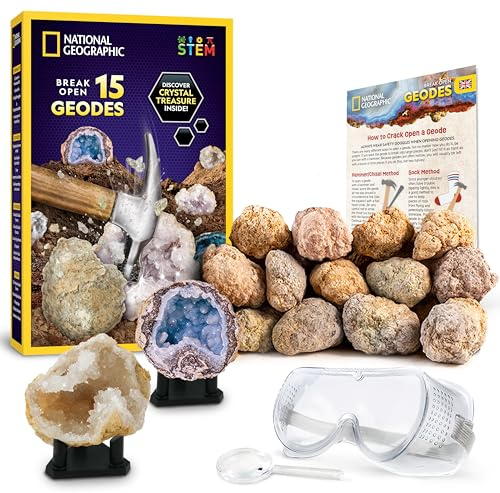 NATIONAL GEOGRAPHIC Break Open 15 Premium Geodes - with Goggles, Detailed Learning Guide, 3 Display Stands, Great Stem Science Toy & Educational Kit