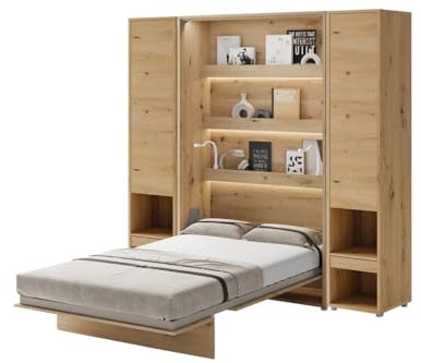 Friderik Bed Concept BC-02 väggfällbar säng vertikal skåpsäng med madrass och med LED-belysning, 120 x 200 cm + 2 x vertikalt skåp BC-07 (Artisan-ek)