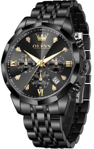 OLEVS Männer Uhr Quarz Luxus Business Uhren Multifunktion Chronograph Mondphase wasserdicht Leuchtend Alle Schwarze Gesicht Schwarze Edelstahl Armbanduhr