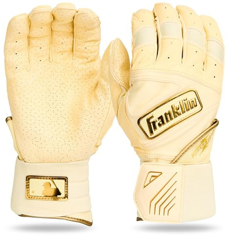 Franklin Sports MLB Batting Gloves - Infinite Powerstrap Baseball Batting Gloves - Durable Full Wrap Cage Practice Gear - Long Cuff Wrist + Heavy Duty Leather - Vanilla/Gold - Adult Small