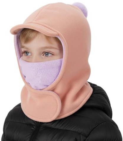 TAGVO Bambini Termico Passamontagna da Neve Unisex, Antivento Maschera da Sci Multifunzione Cappello in Pile Pompon, Invernal Cappuccio Scaldacollo Sciarpa con Tesa per Ragazzi Ragazze Tempo Freddo