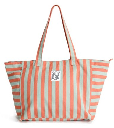 Ponette - Bolsa de Playa Mujer Menorca Grande – Bolso Playa a Rayas con Cremallera – Shopper Verano Amplio y Resistente – Bolsa Piscina, Viaje y Gimnasio – 64x35x23,5 cm – Marca Española (Naranja)
