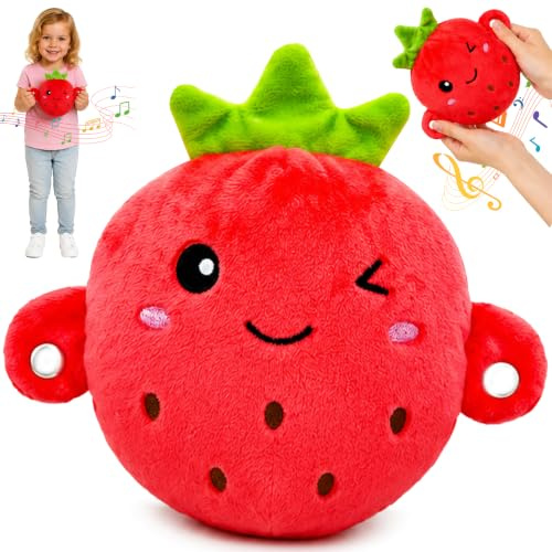 DONGTATA Interactive Music Plush Toy Touch Sensor Musical Stuffed Fruit Toy Educational Interactive Toys Soft Plush Toy for Babies Toddlers Kids Birthday Gift Strawberry