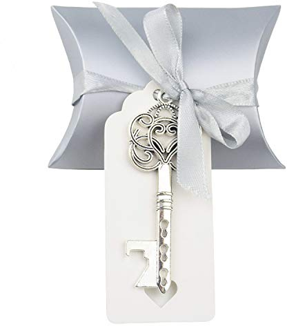50pcs Favor de la Boda Regalo de Recuerdo Set Almohada Caja de Dulces Esqueleto de la Vendimia Llave Abrebotellas Escort Gracias Etiqueta French Ribbon (Plata Antigua)