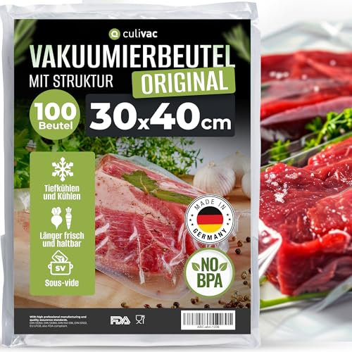 culivac 100 Sacs sous Vide Alimentaire 30x40cm Standard pour Appareil de Mise sous Vide de Toutes Les Marques sous videuse, Conservation, Feuille Pochette Sachet Sac Congélation, Cuisson
