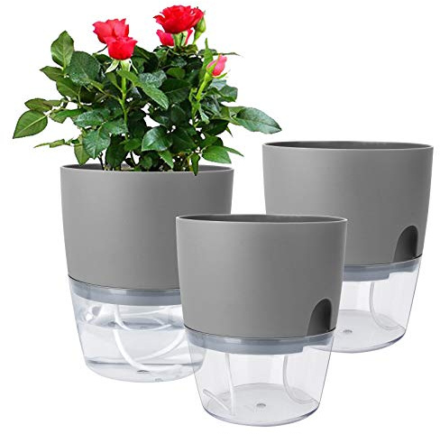 Vanavazon 6 Inch Self Watering Planter Pots for Indoor Plants, 3 Pack African Violet Pots with Wick Rope-Grey
