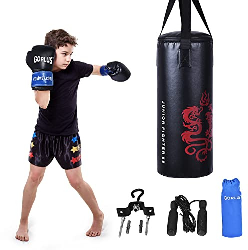 Goplus Punching Bag Set with Gloves, 22LBS/ 40LBS Filled Kick Boxing Bag, Rucksack, Jump Rope, Firm Hook, Heavy Bag for Adults MMA Training, Muay Thai, Krav MAGA, Taekwondo, Karate