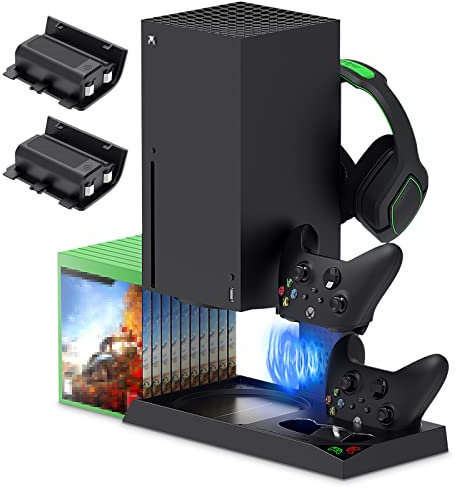 FYOUNG Cooling Stand with Controller Charger Battery Pack for Xbox Series X Accessories, Charging Station with Cooling Fan System, 2x1400mAh Rechargeable Batteries, Headset Holder, Game Slots
