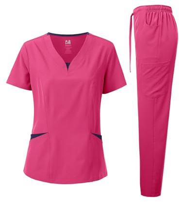 Dagacci Medical Uniform® Scrubs for Women Set – 4-Way Stretch Contrast V-Neck Top and Pants Sets for Women – 9 Pockets (X-Small, Hot Pink)