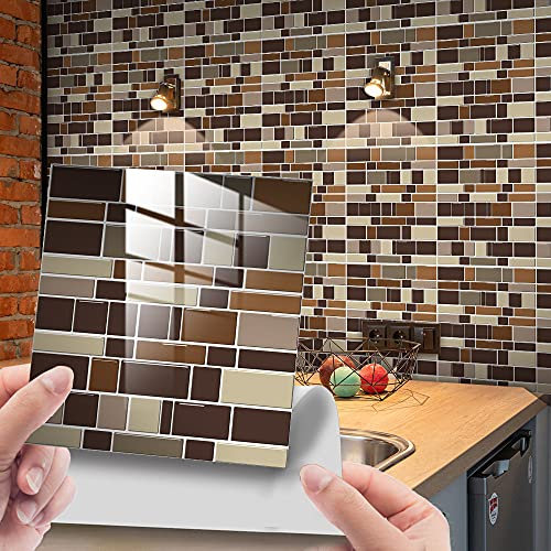25pcs Mosaic Wall Tile Stickers, Hiser Bricks Marble Style Square Waterproof Decals Sticker for Kitchen Living Room Bathroom Home Floor DIY Decor Self-Adhesive (Red ochre,15x15cm)