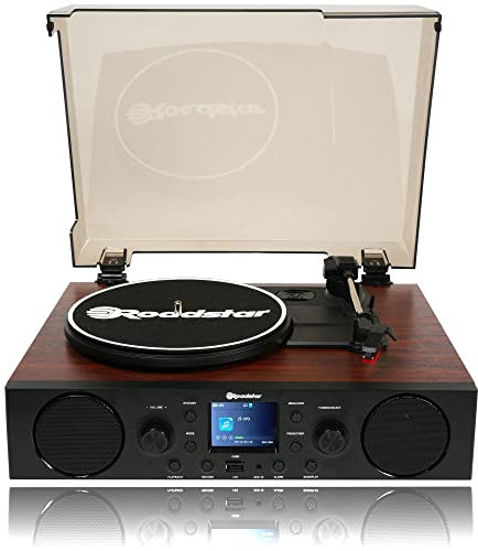 Roadstar TTR-8850ED+BT Tourne-disque vinyle 33/45/78 tr/min, radio FM/Dab+/RDS, Bluetooth, port USB/carte SD, équipement de musique Hi Fi haut-parleurs intégrés, télécommande, vintage, bois