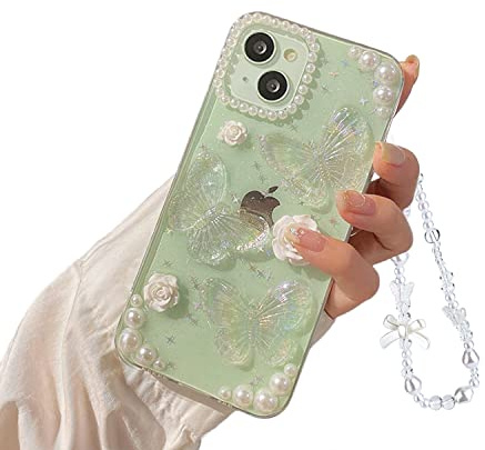 Ownest Kompatibel med iPhone 13 iPhone 14 genomskinligt fodral söt 3D-fjäril blommig design estetisk kvinnor tonårstjejer glitter vacker kristall glittrande flickigt telefonfodral för iPhone 13/14 +