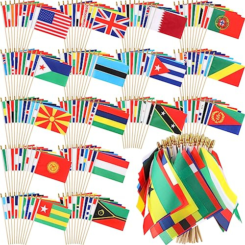 Preboun 200 World Countries Flags on Stick Small Hand Held International Flags of The World for Sports Events, International Festival, 5.5 x 8.2 Inch