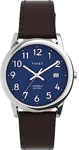 Timex Easy Reader Herrenuhr, silberfarbenes Gehäuse mit braunem nachhaltigem Band und blauem Zifferblatt