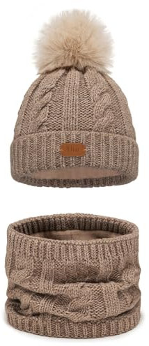 Alur Mütze Kinder Unisex Beanie mit Loop Schal Set Wintermütze Strickmütze mit Bommel - Warme Elastisch Elegant Winter Mütze Schal Eko Bommelmütze - Weiches Garn Stilvoll Warm (Latte)