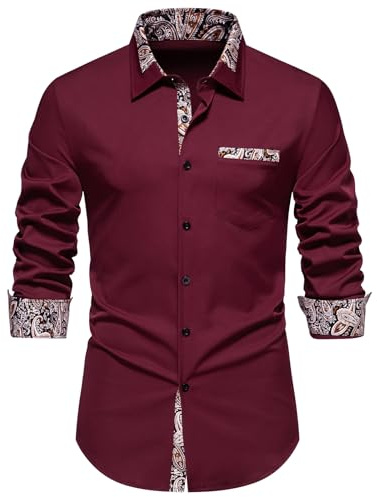 MakingDa Mens Dress Shirts Long Sleeve Fitted Casual Smart Formal Button Down Shirt with Inner Contrast Paisley Patterned for Wedding Party Business-A354-Burgundy-M