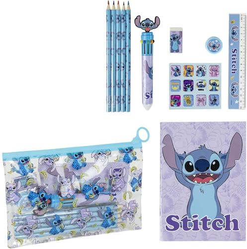Set de papeterie Stitch Inspired - Bleu - 22 X 14 X 0,5 cm - Comprend des crayons de couleur, un stylo multicolore, une règle, une trousse à crayons et plus encore - Produit original conçu en Espagne
