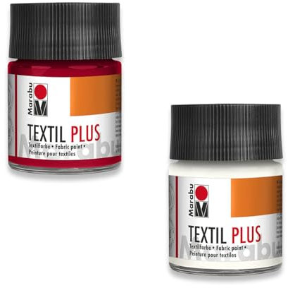 itenga Produktset aus Marabu Textil Plus karminrot 50 ml und Textil Plus weiss - volldeckende Stoffmalfarbe für Stoffe Stoffmalerei Stoffdruck nach Fixierung waschbeständig bis 40 Grad°C