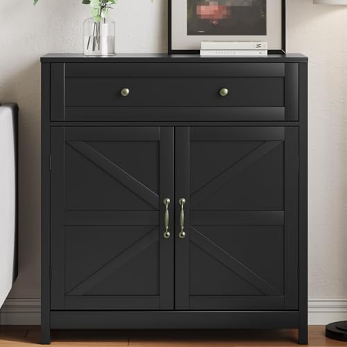 Mino Kesper Buffet Sideboard with 2 Barn Doors,Black Kitchen Cabinet with Adjustable Shelf, Freestanding Floor Storage Cabinet