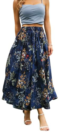 Zeagoo Gonna Lunga Donna Estate Boho Gonna Maxi Gonna Fiore Gonne Elegante Vita Alta con Coulisse Casual Midi Gonna da Spiaggia Blu Marina XXL