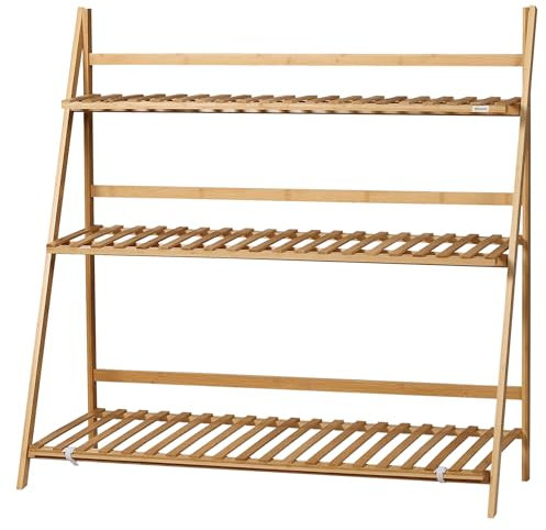 Outsunny 3-Tier Bamboo Plant Stand, Folding Plant Rack, Display Plant Shelf for Indoor & Outdoor Use, 100 x 39 x 97cm, Natural