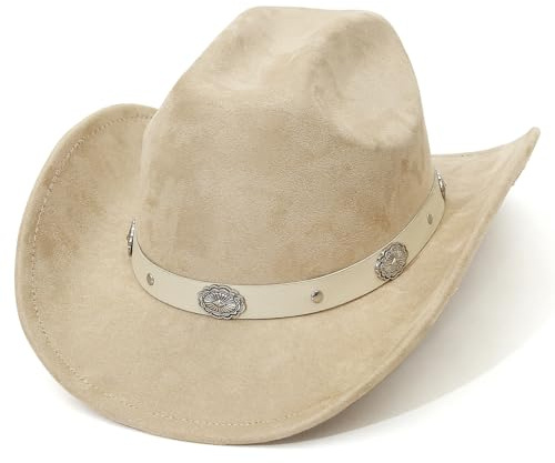 EOZY Cappello da cowboy in stile western in pelle scamosciata per donne e uomini, cinturino per cappello rimovibile, vintage, cappello in pelle scamosciata, cappello da festival, protezione leggera