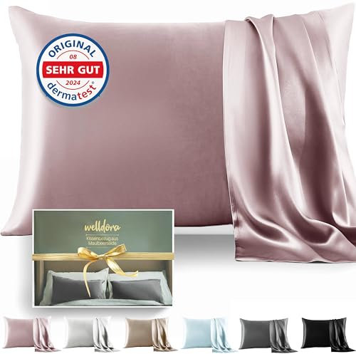 Welldora Kissenbezug aus 100% Seide 40x80 | Hohes Gewicht: 22 Momme, ideal für Haut und Haar | Höchste Güteklasse 6A | Oeko-Tex zert. in der Schweiz | Seidenkissenbezug Silk Pillowcase Zartrosa