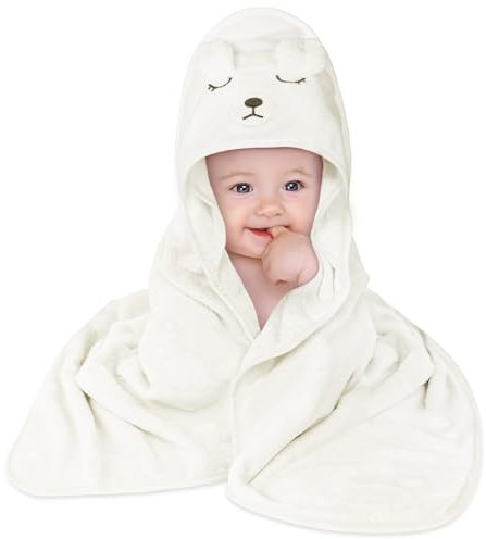 Aolso Kapuzenhandtuch Baby, 80x80 cm Baby Handtuch Kapuze, Baby Waschlappen, Korallenvlies Babyhandtuch mit Kapuze für Neugeborene, Weich & Super Saugfähig, Unisex(Weißer Bär)