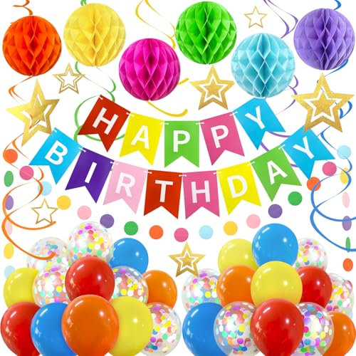 ZERODECO Decoración para Fiestas de Cumpleaños - Banderola Feliz Cumpleaños Multicolor Fácil de Montar con Bola de Panal, Globo, Banderines en Espiral y Guirnalda - Decoraciones para Mujeres