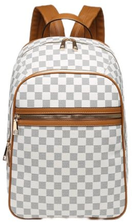 Women Checkered Backpack, White and Grey, Tan Leather Trim Laptop Backpack College Bookbag School Backpack for Women Girls, Travel Backpack 15.6 Inch Computer Backpacks (White)
