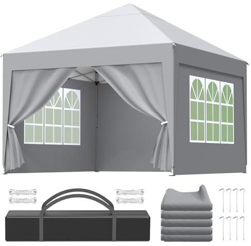Gazebo Pieghevole 3x3, Pop Up Gazebo con Pareti da Giardino-Altezza Regolabile-Tenda da Giardino per Birra-Matrimoni-Campeggio-Picnic UV50+, Tendone Impermeabile-Padiglione Con Custodia-Grigio Argento