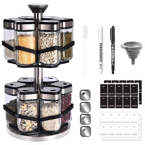 SAEIV Portaspezie girevole a 360°, con 12 barattoli per spezie da 120 ml, dimensioni del foro a scelta tra orologio a 360°, portaspezie, girevole, in acciaio inox, organizer per spezie